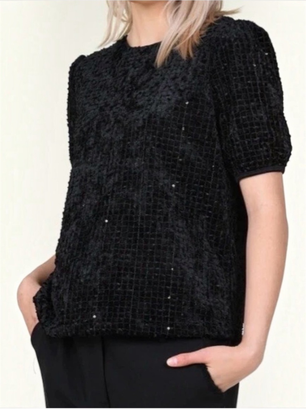 Lili Sidonio Black Velvet Sequin Grid Overlay Boxy Blouse Back Zip Sz S